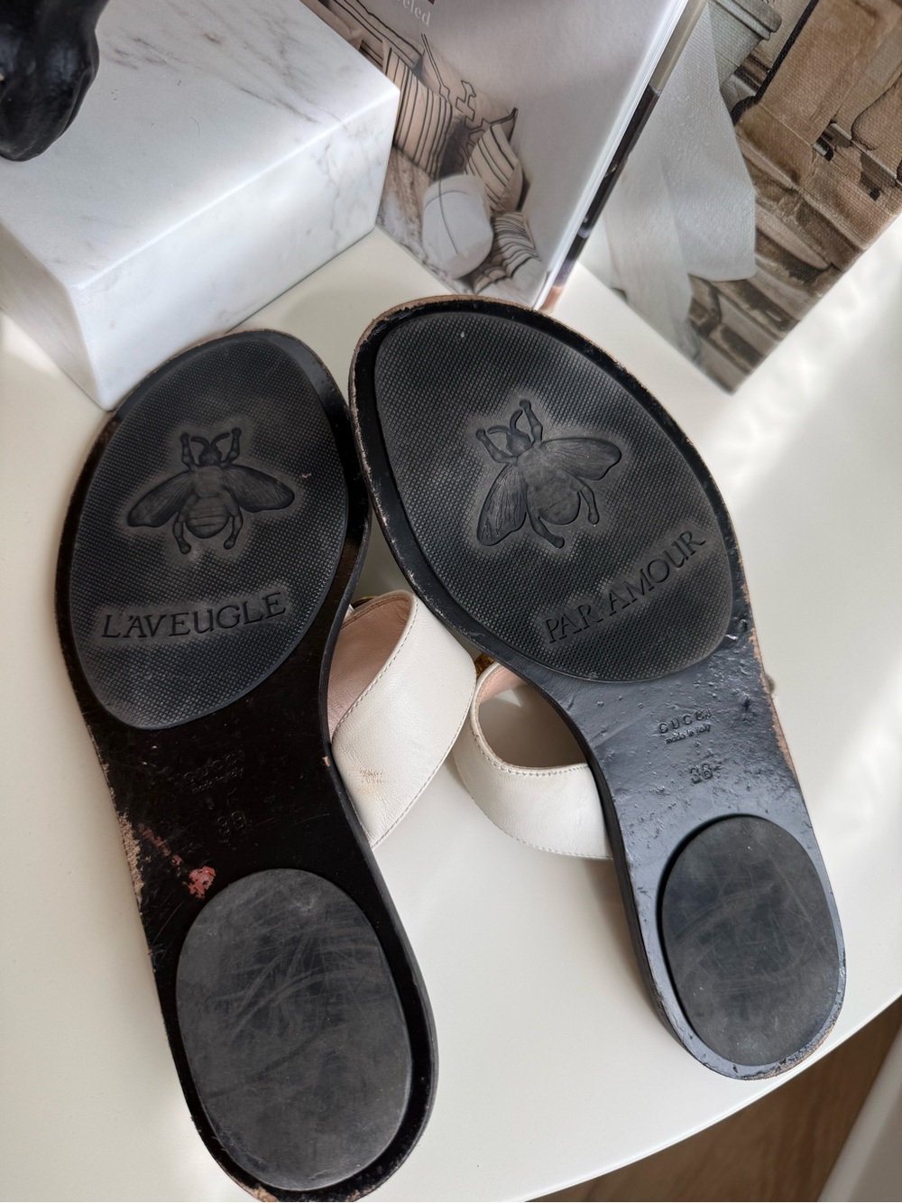 Gucci White Leather Thong Sandals with Gold Double G Accent - Picture 7 of 7